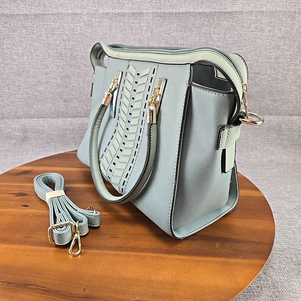 Blue Grey Laser Cut Faux Leather Satchel Handbag with Crossbody Strap Gold Tone - Picture 2 of 9